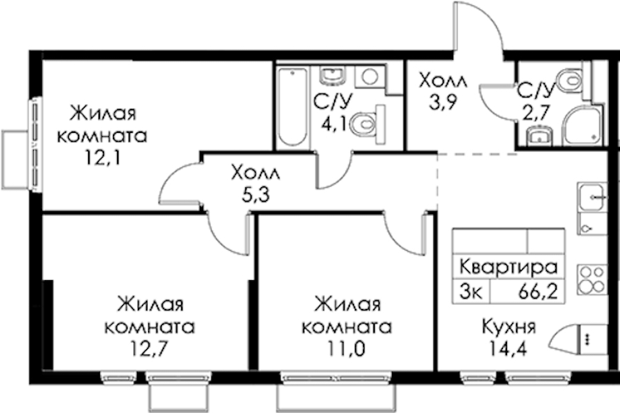 3-комнатная квартира 66.2 м², 5/13 эт., ЖК «Кантемировская 11»